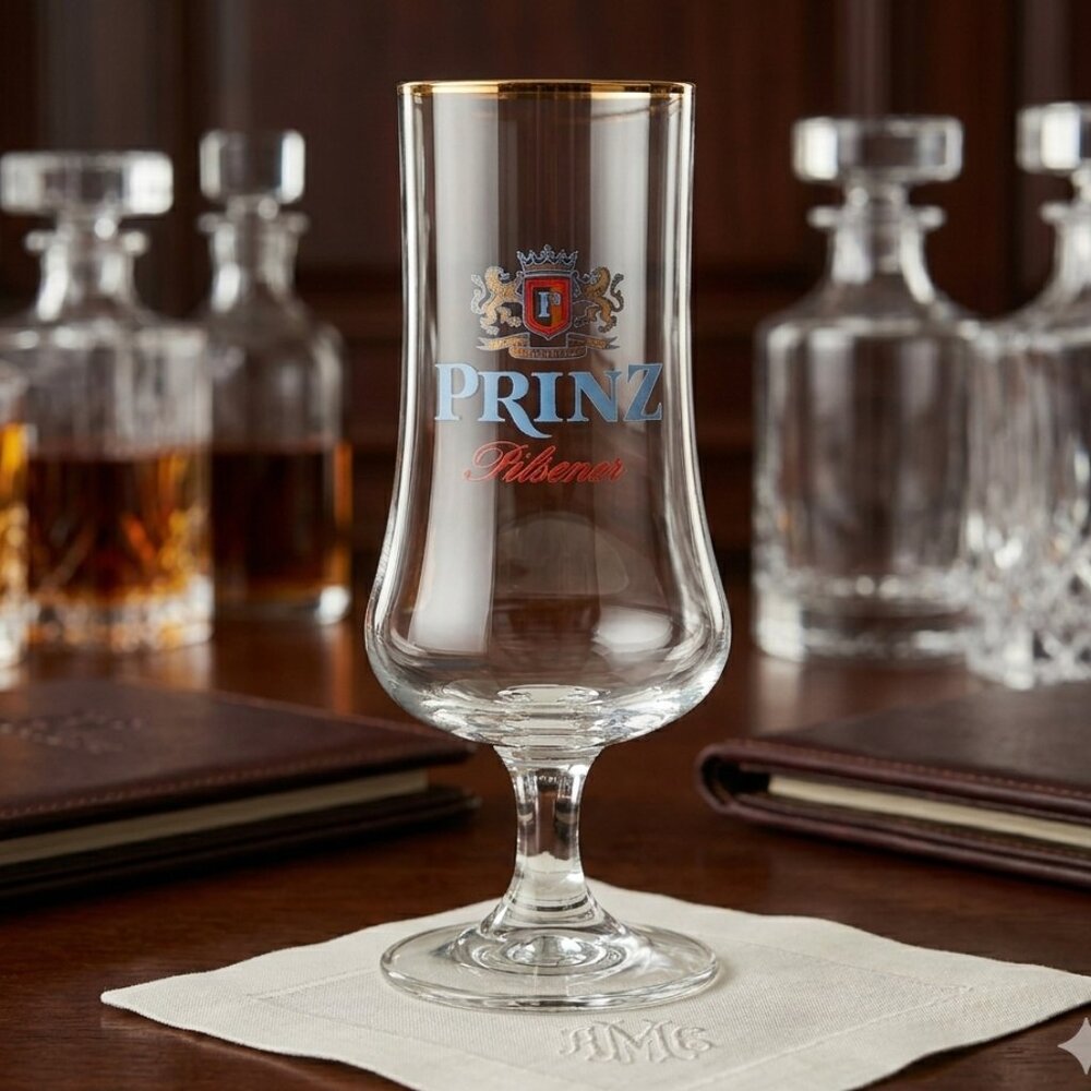 RARE NOS Prinz Pilsener 6.5" German Beer Glass Gold Rim HTF